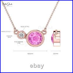 14k Pure Gold 5mm Round Pink Sapphire & Diamond Bezel Set Charm Necklace For Her