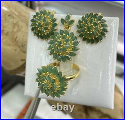 14k Pure Gold Cluster Set Earrings Ring Pendant, Natural Emerald 12.45 grams