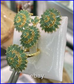 14k Pure Gold Cluster Set Earrings Ring Pendant, Natural Emerald 14.64 grams