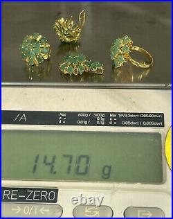 14k Pure Gold Cluster Set Earrings Ring Pendant, Natural Emerald 14.70 grams