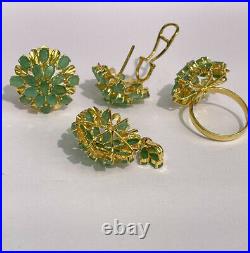 14k Pure Gold Cluster Set Earrings Ring Pendant, Natural Emerald 14.70 grams