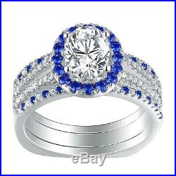 14k Real White Pure Gold Oval Sapphire And Diamond Wedding Bridal Set Band Ring