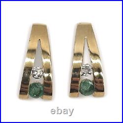 14k Solid Gold Emerald & Diamond Channel Set Illusion J Hoop Earrings Pierced