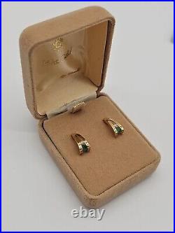 14k Solid Gold Emerald & Diamond Channel Set Illusion J Hoop Earrings Pierced