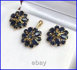 14k Solid Yellow Gold Cluster Pendant Earrings Set, Natural Sapphire 5.19 Grams