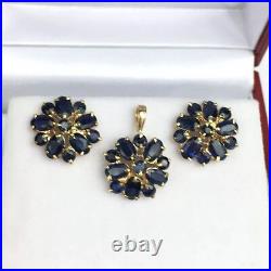 14k Solid Yellow Gold Cluster Pendant Earrings Set, Natural Sapphire 5.19 Grams