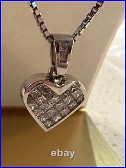 14k White Solid Gold Invisible Set Princess Cut Diamond Heart W 14 Box Chain