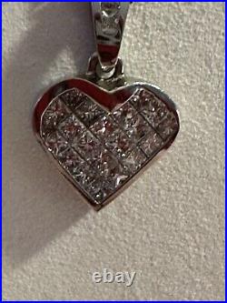 14k White Solid Gold Invisible Set Princess Cut Diamond Heart W 14 Box Chain