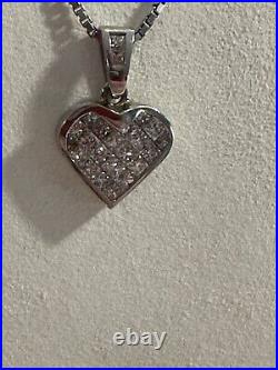 14k White Solid Gold Invisible Set Princess Cut Diamond Heart W 14 Box Chain