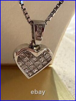 14k White Solid Gold Invisible Set Princess Cut Diamond Heart W 14 Box Chain