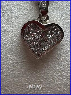 14k White Solid Gold Invisible Set Princess Cut Diamond Heart W 14 Box Chain