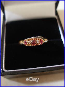 18 Carat Gold Ruby & Diamond Set 5 Stone Ring Made In England Pure Quality