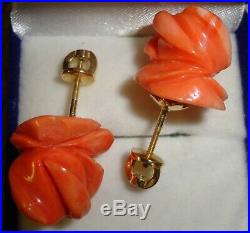 18 K Gold Ring & Earrings Set Coral Rose Vintage Hand Carved In Italy Perfect
