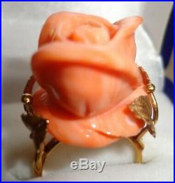 18 K Gold Ring & Earrings Set Coral Rose Vintage Hand Carved In Italy Perfect