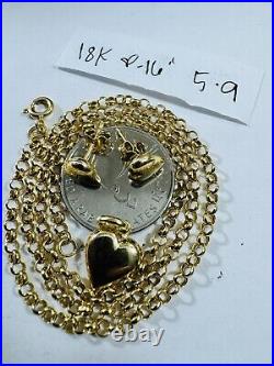 18C 18K 750 SOLID Real Gold Heart Set Earring & Necklace 16 Long 5.9g 3mm