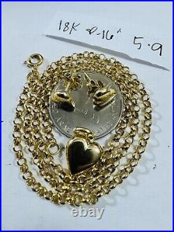 18C 18K 750 SOLID Real Gold Heart Set Earring & Necklace 16 Long 5.9g 3mm