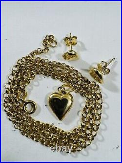 18C 18K 750 SOLID Real Gold Heart Set Earring & Necklace 16 Long 5.9g 3mm