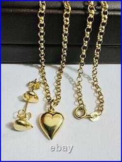 18C 18K 750 SOLID Real Gold Heart Set Earring & Necklace 16 Long 5.9g 3mm