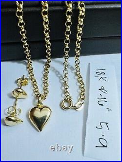 18C 18K 750 SOLID Real Gold Heart Set Earring & Necklace 16 Long 5.9g 3mm