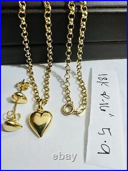 18C 18K 750 SOLID Real Gold Heart Set Earring & Necklace 16 Long 5.9g 3mm