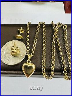 18C 18K 750 SOLID Real Gold Heart Set Earring & Necklace 16 Long 5.9g 3mm