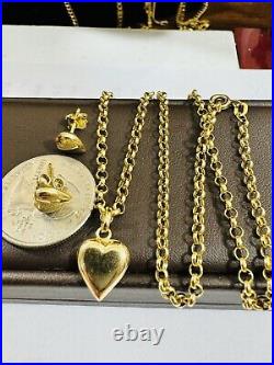 18C 18K 750 SOLID Real Gold Heart Set Earring & Necklace 16 Long 5.9g 3mm