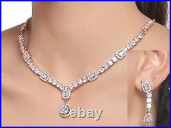 18Ct White Emerald Cut Simulated Diamond Necklace Earring Set White Gold Plated