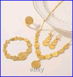 18K Gold Plated Coin Jewelry Set Necklace Set Bracelet Earrings Ring