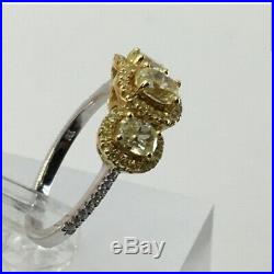 18K Pure Yellow and White Gold Canary Set halo and White Diamond Ring sz 7.25