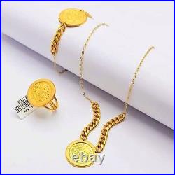 18K'Real'Solid'Yellow'Gold Curb,'Link'Chain'Round Charm,'Jewelry Set