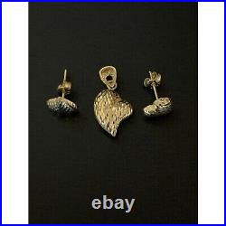 18K Saudi Gold Stud Heart Earrings Charm Pendant Set Fine Jewelry 3.34 grams