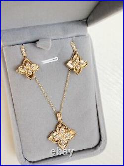 18k Solid gold Earrings Necklace Set Shiny Flower Lot 4 Fake Diamonds New