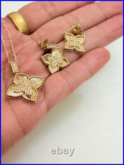 18k Solid gold Earrings Necklace Set Shiny Flower Lot 4 Fake Diamonds New