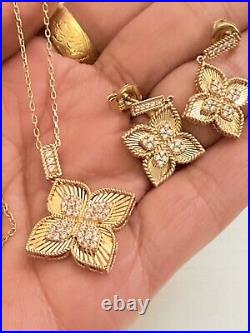 18k Solid gold Earrings Necklace Set Shiny Flower Lot 4 Fake Diamonds New