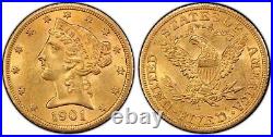1901 S AU58+ CAC $5 Liberty Gold Perfect Everyman Set Coin