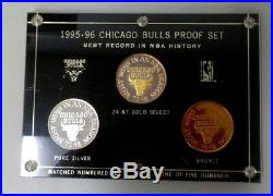 1995-96-Chicgo Bulls 3 Coin Proof Set 24KT Gold Select Bronze Pure Silver