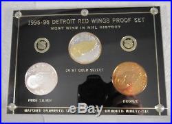 1995-96 Detroit Red Wings 3 Coin Proof Set 24kt Gold Select, Bronze, Pure Silver