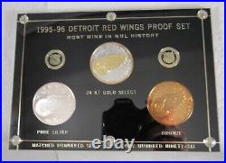 1995/96 Detroit Red Wings 3 Coin Proof Set 24kt Gold Select, Bronze, Pure Silver