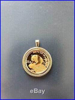 1999 1/4 ounce. 999 Pure Gold 25 Yuan panda coin Rare Date! Set in 14k bezel