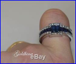 2.10 Crt Blue Sapphire Multi Stone Engagement Band Ring Set 14k Pure White Gold