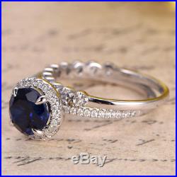 2.26 Ct Diamond Pure Blue Sapphire Gemstone Ring Set 14K White Gold Size 6, 7
