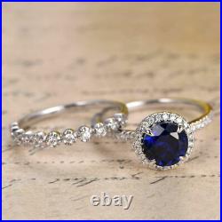 2.26 Ct Diamond Pure Blue Sapphire Gemstone Ring Set 14K White Gold Size 6 7 8