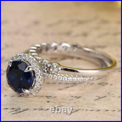 2.26 Ct Diamond Pure Blue Sapphire Gemstone Ring Set 14K White Gold Size 6 7 8
