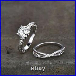 2 CT Moissanite Solitaire Bridal Set Engagement Ring Pure 14K White Gold Round