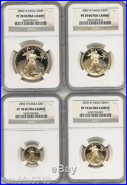 2003 W 4 Coin Gold Eagle Proof Set $50, $25, $10, $5 Ngc Pf70 New, Perfect Slabs