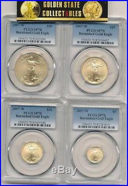 2007 W 4 Coin Burnished Gold Eagle Set Pcgs Sp70 Perfect Set, Holders