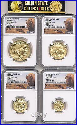 2008 W $50, $25, $10, $5 Burnished Gold Buffalo Set Ngc Ms70 Early Releases Perfect