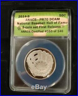 2014 National Baseball Hall Of Fame Perfect PR70 ANACS 3 Coin Gold Silver Set