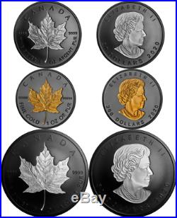 2020 Pure Gold & Silver Maple Leaf Rhodium-Plated Proof 3-Coins $200 $50 $20 Set