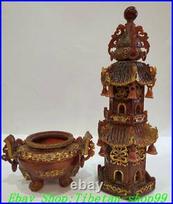 21 Pure Natural Agate Onyx inlay Silver Gold incense burner Tower Pagoda Set